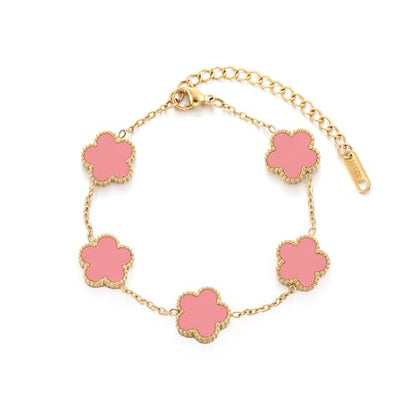TICVSS Four Leaf Clover Bracelet for Women 18K Gold Plated Stainless Steel Lucky 4 Leaf Gold Link Bracelet Jewelry Gift for Women - color: Pink