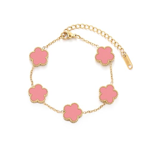 TICVSS Four Leaf Clover Bracelet for Women 18K Gold Plated Stainless Steel Lucky 4 Leaf Gold Link Bracelet Jewelry Gift for Women - color: Pink