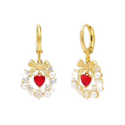 Sonateomber Christmas Tree Dangle Small Gold Hoop Earrings for Women, Cute Sparkly CZ Rhinestone Maple Clover Leaf Drop Earings Thanksgiving Holiday Accessories Fashion Jewelry Gift - color: Red Heart Wreath