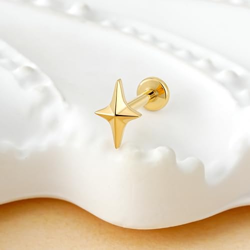 1PC ASTM F136 Titanium Mini Threadless Flat Back Stud 18G 6mm 8mm for Conch Helix Flat Tragus Labret - color: Four-pointed star - Gold