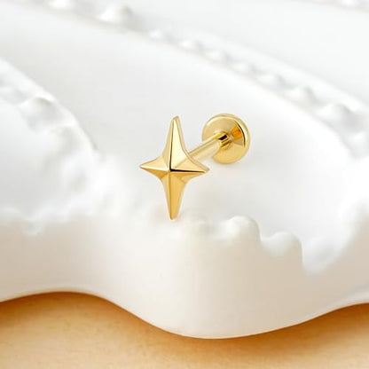 1PC ASTM F136 Titanium Mini Threadless Flat Back Stud 18G 6mm 8mm for Conch Helix Flat Tragus Labret - color: Four-pointed star - Gold