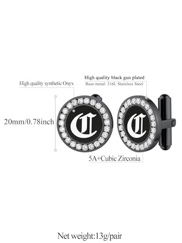 FindChic Stainless Steel Round Cufflinks with Custom Text/Picture/Monogram Letters 18K Gold Plated/Black Color for Men Groom Suits Shirts, with Gift Box - style: 03. CZ custom letters (black)