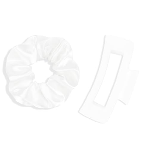 YISSION Claw Clip and Satin Scrunchie Set, 2 Pack White Hair Accessories, No Damage Hair Ties Non Slip Large Hair Clips for Women Girls Thick Thin Hair Daily Wear Party Wedding - color: White