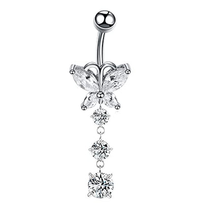 COLORFUL BLING 14G Dangle Butterfly Belly Button Rings,Stainless Steel Belly Rings,925 Sterling Silver CZ Opal Belly Body Piercing Jewelry for Women - color: C