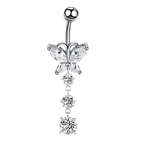 COLORFUL BLING 14G Dangle Butterfly Belly Button Rings,Stainless Steel Belly Rings,925 Sterling Silver CZ Opal Belly Body Piercing Jewelry for Women - color: C