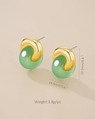 Small Twist Interlock Chunky 18K gold plated Gemstone Natural Stone (Brown, Green, Pink, White) Statement Earrings for Women by SNGIA, Dainty Love Knot Tiger Eye Amber Jade Tourmaline Bold Handmade Exaggerated Dome Retro Rounded Button Half Ball Trendy Bo