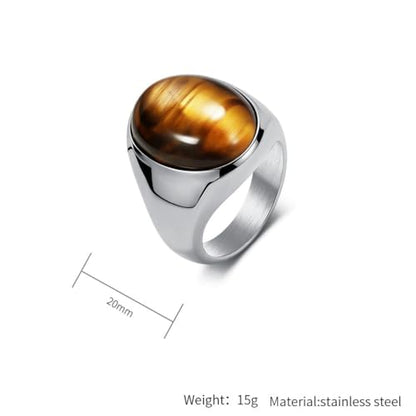 PAURO Men's Stainless Steel Oval Gemstone Signet Rings Minimalist Polish Plain Wedding Band - color: Silver Plated Brown