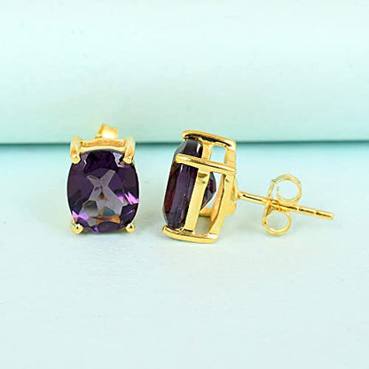 Women's 18K Gold Plated 8x10mm Princess Cut Gemstone Stud Earrings – Birthstone Jewelry for Her – Classic Cushion Studs - color: Amethyst