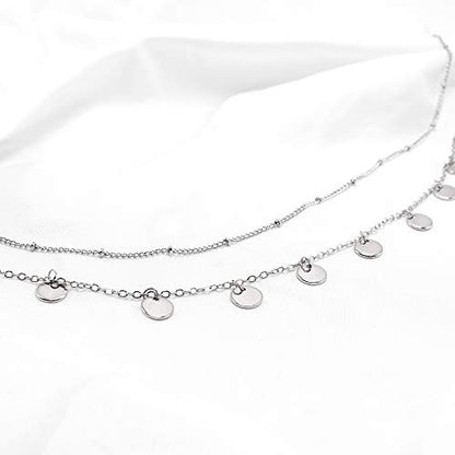 Aisansty Dainty Layered Choker Necklaces Handmade Coin Tube Star Pearl Pendant Multilayer Adjustable Layering Chain Gold Plated Necklaces Set for Women - color: Silver, style: Silver Coin Charms