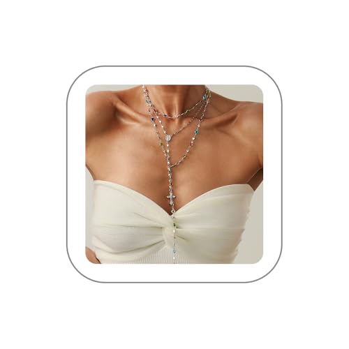 Layered Cross Necklace Set for Women, Layered Choker Necklaces Trendy Jewelry, Colorful Enamel Beaded Y-Shaped Lariat Necklace, Boho Multilayer Cross Necklace for Party and Daily Wear - color: Silver-06