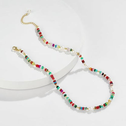 KissYan Beaded Choker Necklace for Women, Colorful Natural Gemstones Pearl Choker 14K Gold Plated Pendant Healing Crystal Necklace Handmade Stone Jewelry Gift | 14K Gold Plated Pendant Necklaces, Natural Gemstones Pearl Choker, Healing Crystal Chain, Hand