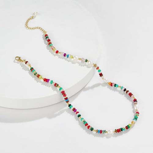 KissYan Beaded Choker Necklace for Women, Colorful Natural Gemstones Pearl Choker 14K Gold Plated Pendant Healing Crystal Necklace Handmade Stone Jewelry Gift | 14K Gold Plated Pendant Necklaces, Natural Gemstones Pearl Choker, Healing Crystal Chain, Hand