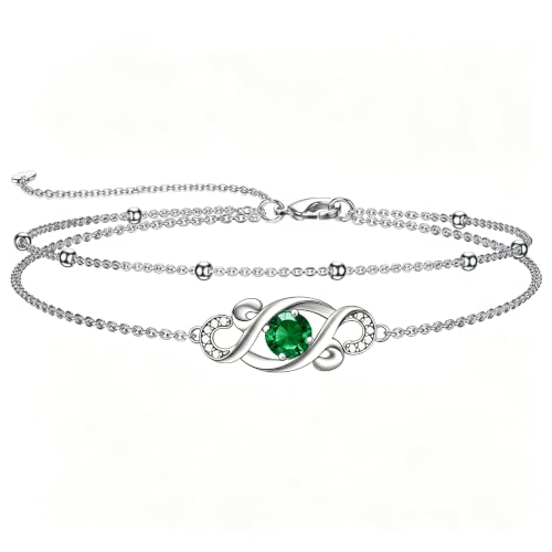 Dorunmo Birthstone Infinity Love Bracelet for Women 925 Sterling Silver Sparkling Gemstone Double Layered Adjustable Bracelets Birthday Jewelry Gifts for Mom Women - color: 05-May-Emerald