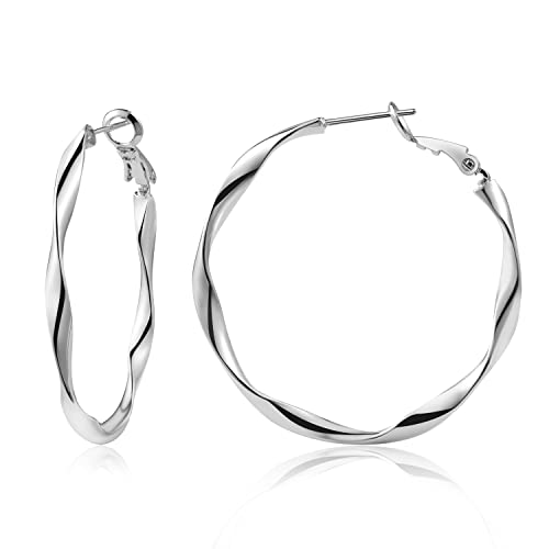 24K Gold Hoop Earrings for Women Trendy Real Gold Plated Twisted Thin Huggie Hoops, Dainty Cute Big Gold Filled Dangle Hoop Earrings Nickel Free Womens Earrings for Sensitive Ears Hypoallergenic - style: White Gold 40mm