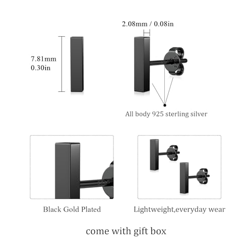 JIAYIQI Minimalist 925 Sterling Silver Stud Earrings Set, 14K Gold Plated Hypoallergenic Tiny Bar Dot Heart Star Studs for Women & Men - style: Black-Bar-1Pair