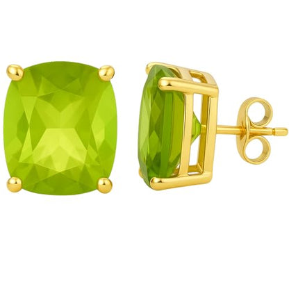 Women's 18K Gold Plated 8x10mm Princess Cut Gemstone Stud Earrings – Birthstone Jewelry for Her – Classic Cushion Studs - color: Peridot