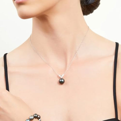 The Pearl Source 14K Gold 11-12mm Round Black Tahitian South Sea Cultured Pearl & Diamond Belissima Pendant Necklace for Women