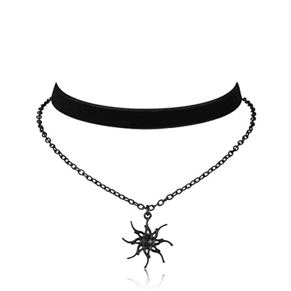 Gothic Layered Necklace, Black Velvet Choker with Dark Pendant | Soft Velvet Choker, Black Pendant, Layered Chain, Dark Academia Aesthetic, Alt Fashin Jewelry, Goth Gift for Women - style: Black Sun