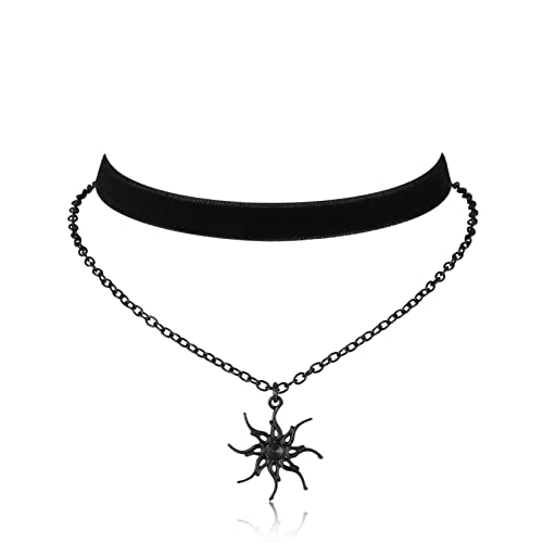Gothic Layered Necklace, Black Velvet Choker with Dark Pendant | Soft Velvet Choker, Black Pendant, Layered Chain, Dark Academia Aesthetic, Alt Fashin Jewelry, Goth Gift for Women - style: Black Sun