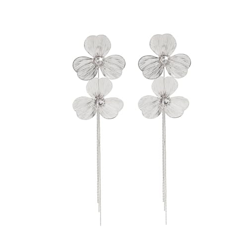 Gold Flower Tassel Dangle Earrings for Women,Boho Chunky Floral Long Fringe Statement Earring,Fashion Spring Jewelry Party Prom Accessories - color: Silver