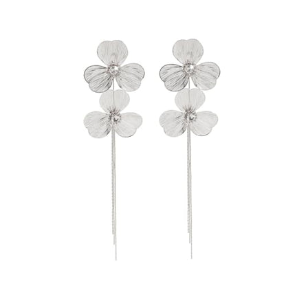 Gold Flower Tassel Dangle Earrings for Women,Boho Chunky Floral Long Fringe Statement Earring,Fashion Spring Jewelry Party Prom Accessories - color: Silver