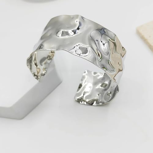 GIGB PBDK Chunky Gold Hammered Bangle Bracelets for Women Lover,Irregular Silver Large Wide Metal Arm Cuff,Minimalist Adjustable Statement Jewelry Gifts