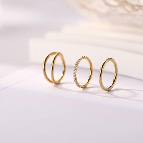 PEAKLINK 3pcs Double Nose Rings Double Nose Hoops 316L Surgical Steel Cartilage Earrings 20G/18G/16G Septum Rings Conch Piercing Helix Lip Rook Daith Tragus Pierxing Jewelry 6mm to 12mm - color: Gold