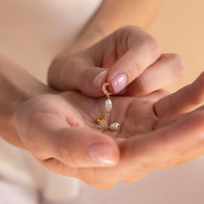 Pearl Earrings for Women 14K Gold Freshwater Pearl Hoop Earring Dangle Drop Wedding Earrings Bridal Bridesmaid Jewelry Gifts for Women - color: Gold Moon & Star Pearl Earrings