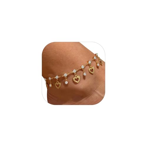 U7 Ankle Bracelets for Women Stainless Steel Waterproof Tarnish Resistant | 18K Gold Plated/Silver/Rose Gold Anklets, Cuban Chain Anklet Bracelets, Perfect for Summer Beach and Vacation Outfits - color: Gold Plated-White-Heart Charm