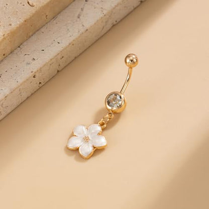 Flower Belly Button Ring for Women 14K Gold Plated Cubic Zirconia Navel Piercing Jewelry Stainless Steel CZ Crystal Charm Belly Ring Hypoallergenic Belly Bar for Women - color: White