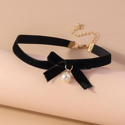Bow Necklace for Women Red Bow Velvet Choker Necklace Black Ribbon Pearl Pendant Necklace Cute Bow Knot Necklace for Christmas Gifts - color: Bow Black