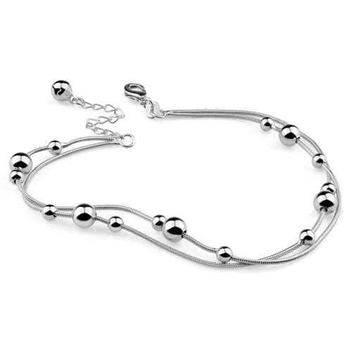 Womens Anklet 925 Sterling Silver Layered Anklet Bracelet Dainty Beaded Foot Chain Adjustable Summer 24k Gold Plated Beach Jewelry Gift - color: Snake chain Silver