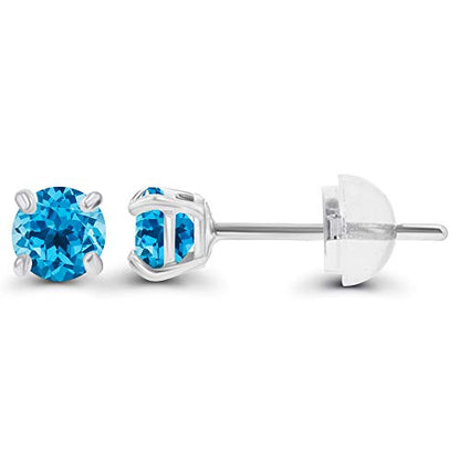 Solid 14K Gold 3mm Round Prong Set Hypoallergenic Genuine Petite Birthstone Stud Earrings - color: Blue Topaz-Swiss Blue Topaz