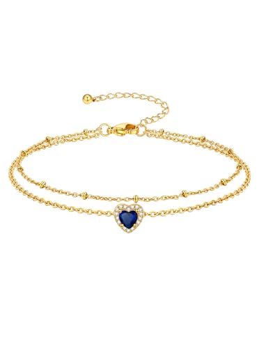 Richsteel Double Layer Heart/Butterfly Birthstone Anklet for Women | Non Tarnish Waterproof, Silver/Gold/Black Stainless Steel 8.5-10.5 Inch Adjustable Chain Anklets Summer Beach Foot Jewelry - color: Gold Heart-09 Sep.(Sapphire)