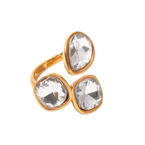 Geometric Crystal Statement Ring for Women Stainless Steel Adjustable Open Bezel Square Teardrop Austrian CZ Princess Cut Wedding Promise Finger Rings Comfort Fit Stacking Band Dainty Jewelry Art Deco - color: Clear Cz