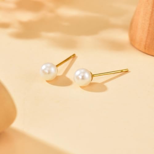 Pearl Stud Earrings for Women Gold/Silver Plated 3mm 4mm 5mm 6mm 8mm Pearl Earrings Dainty Hypoallergenic Earrings - color: Gold, size: 5 Millimeters