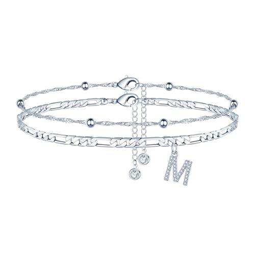 Ankle Bracelets for Women, 14K Gold Plated Dainty Layered Chain CZ Initial Anklets Summer Jewelry Gifts for Women - style: M-Silver