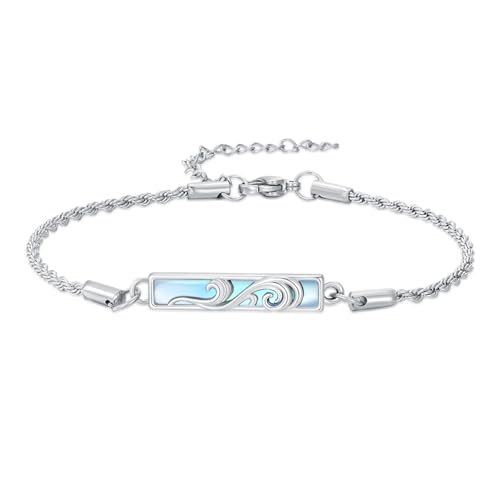 Waves/Tree of Life/Mushrooms/Moon Phase/Butterfly/Hummingbird Bracelet/Anklet 925 Sterling Silver Adjustable Abalone Shell Bar Bracelet/Anklet Summer Jewelry Gifts for Women - color: Waves-Moonstone, size: Anklet 9"+2"