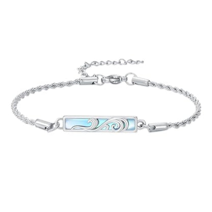 Waves/Tree of Life/Mushrooms/Moon Phase/Butterfly/Hummingbird Bracelet/Anklet 925 Sterling Silver Adjustable Abalone Shell Bar Bracelet/Anklet Summer Jewelry Gifts for Women - color: Waves-Moonstone, size: Anklet 9"+2"