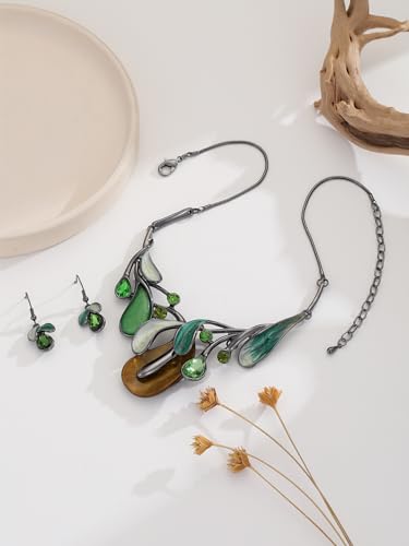 Chunky Statement Jewelry Set Vintage Retro Leaf Flower Floral Geometric Bohemian Boho Bib Necklace Earring Set Fashion Costume Jewelry for Women Girls Wedding Party Prom Unique Gift - style: teardrop leaf-green yellow