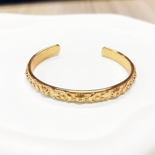 Embossed Moon Star Sun Bangle Cuff Bracelet for Women Fashion CZ Insected Celestial Open Adjustable Statement Bracelets Lightweight Boho Wrist Wrap Dress Accessories Jewelry Gift - color: Gold-Tone
