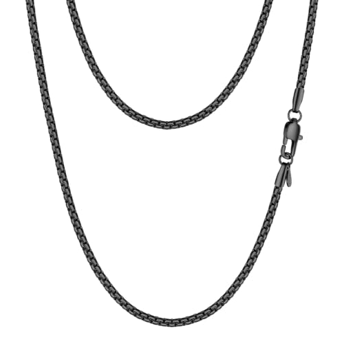 PROSTEEL Stainless Steel Flat Box Link Chain Necklace for Men | Silver/Black/18K Gold Plated,2/3/4/5/6/7/8mm Width Chain with Strong Lobster Clasp/Waterproof Men Women Jewelry with Gift Box - size: 28 inch(71cm), style: 2mm-Cool Black