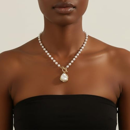 Chunky Pearl Necklaces for Women Chunky Baroque Pearl Beaded Gold Chain Link Pearls Pendant Necklace White Pearls Necklace Valentine's Day Jewelry Gifts Party Prom Birthday Outfits Accessorie - style: Pearl Necklace, Pearl Pendant