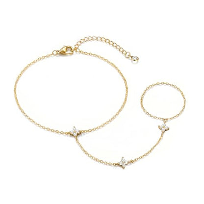 Bracelets for Women, Dainty Gold Silver Ring Bracelet Hand Chain | Cubic Zirconia Pearl Charms, 14K Gold Plated, Adjustable Fit, Trendy Stackable Link Chain, Waterproof Jewelry, Gift for Her - color: Gold-clover hand chain