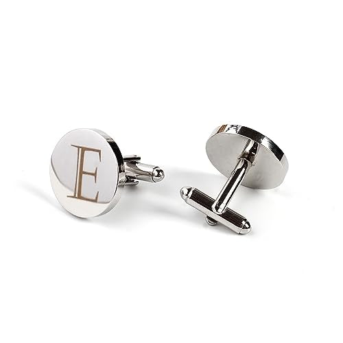 Mens Initial Silver Cufflinks A-Z Alphabet Letter Steel Cuff Links with Engraved Walnut Wood Box Groom Groomsman Wedding Set… - style: E