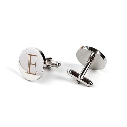 Mens Initial Silver Cufflinks A-Z Alphabet Letter Steel Cuff Links with Engraved Walnut Wood Box Groom Groomsman Wedding Set… - style: E