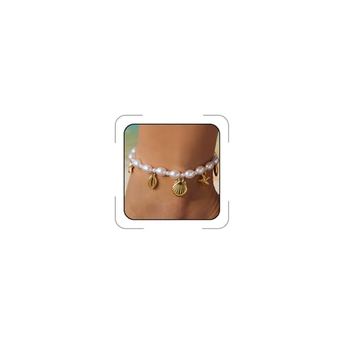 Starfish Mermaid Anklets Bracelets for Women Waterproof Gold Beaded Seashell Starfish Anklets Bohemian Summer Surf Stackable Anklet Bracelet Hawaiian Mermaid Jewelry Outfits for Women - style: Pearl starfish