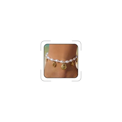Starfish Mermaid Anklets Bracelets for Women Waterproof Gold Beaded Seashell Starfish Anklets Bohemian Summer Surf Stackable Anklet Bracelet Hawaiian Mermaid Jewelry Outfits for Women - style: Pearl starfish