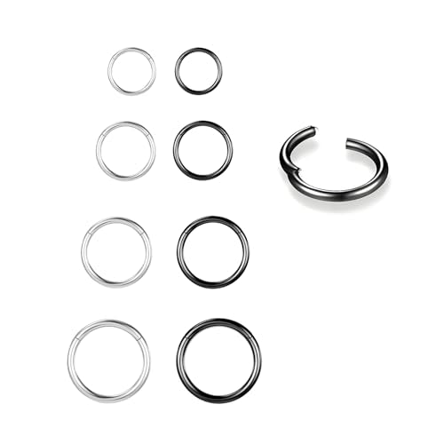 4/8Pcs 20G 18G 16G Nose Rings Hoops Surgical Steel | Nose Seamless Hinged Clicker Segment Septum Lip Rings Conch Tragus Cartilage Daith Rook Piercing Jewelry 6mm 8mm 10mm 12mm - color: Silver&Black, size: 20G*(6/8/10/12mm)-8pcs
