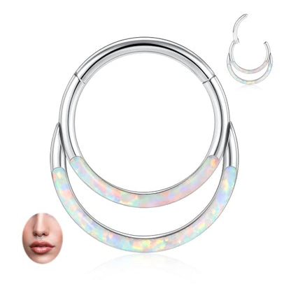 GAGABODY Septum Jewelry 16 Gauge Earrings Double Hoop Daith Earring Surgical Steel Hinged Nose Rings Nose Hoop Helix Tragus Rook Piercing - color: Style6:1pc-Silver+White Opal Double Hoop
